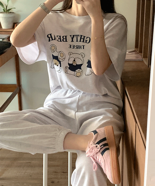 💌자사몰7%할인쿠폰💌[트레이닝세트] 베어 반팔 티셔츠 + 조거 팬츠 세트 set (3color)